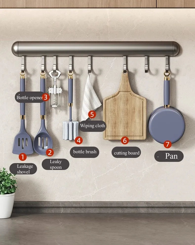 Suporte de gancho de cozinha, haste de suspensão sem perfuração, rack de armazenamento de parede, espátula, colher, espaço removível, cabides de gancho de alumínio