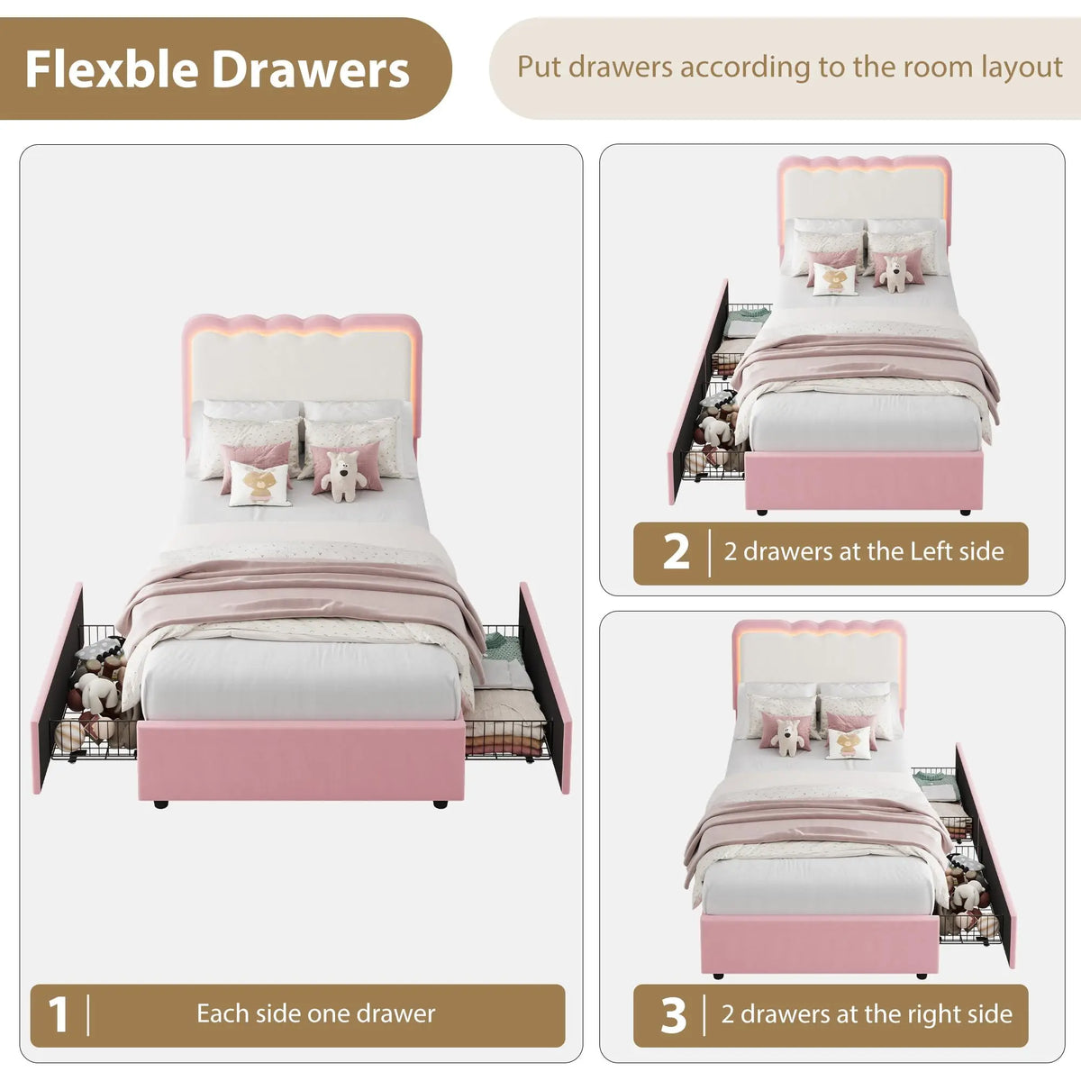 Cama de casal estofada com LED e 2 gavetas de armazenamento, cabeceira de veludo ajustável, cama plataforma para crianças, sem necessidade de estrado.