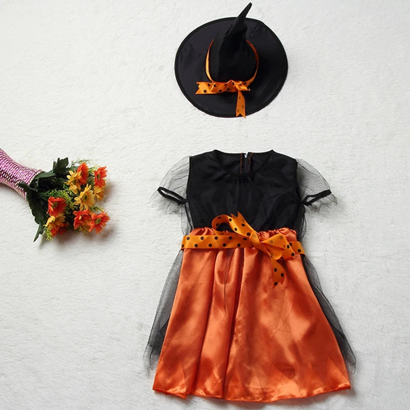 Fantasia de Halloween para Meninas 2026, Conjunto de Vestido de Bruxa com Chapéu e Bolsa