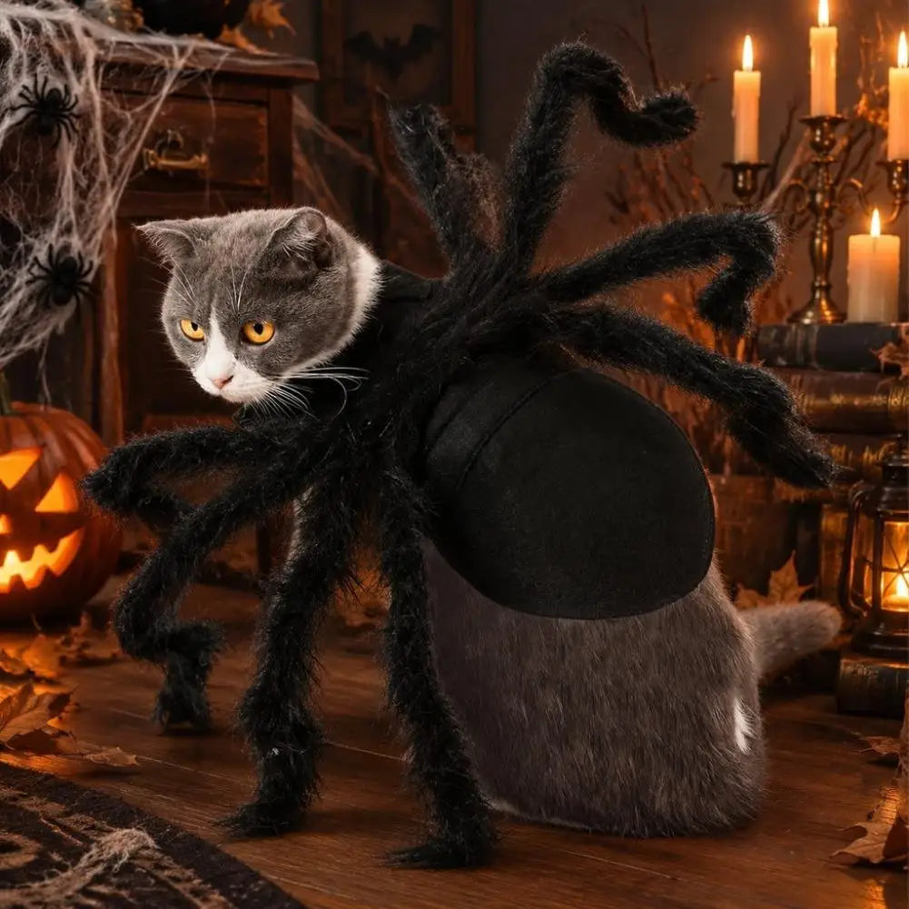 Fantasia de aranha para animais de estimação no Halloween, roupas engraçadas e realistas com pelúcia para cães e gatos, fantasia de cosplay para peito e costas, roupa de festa para cães de porte pequeno e médio