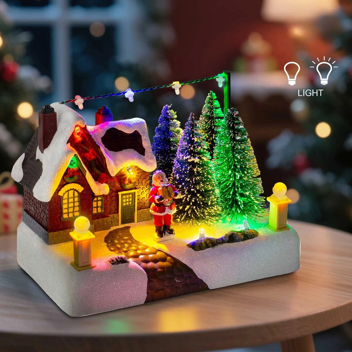 Cena de vila de natal, edifício colecionável com luzes, árvores, papai noel, cidade de neve, decoração de paisagem, férias, casa, mesa, lareira