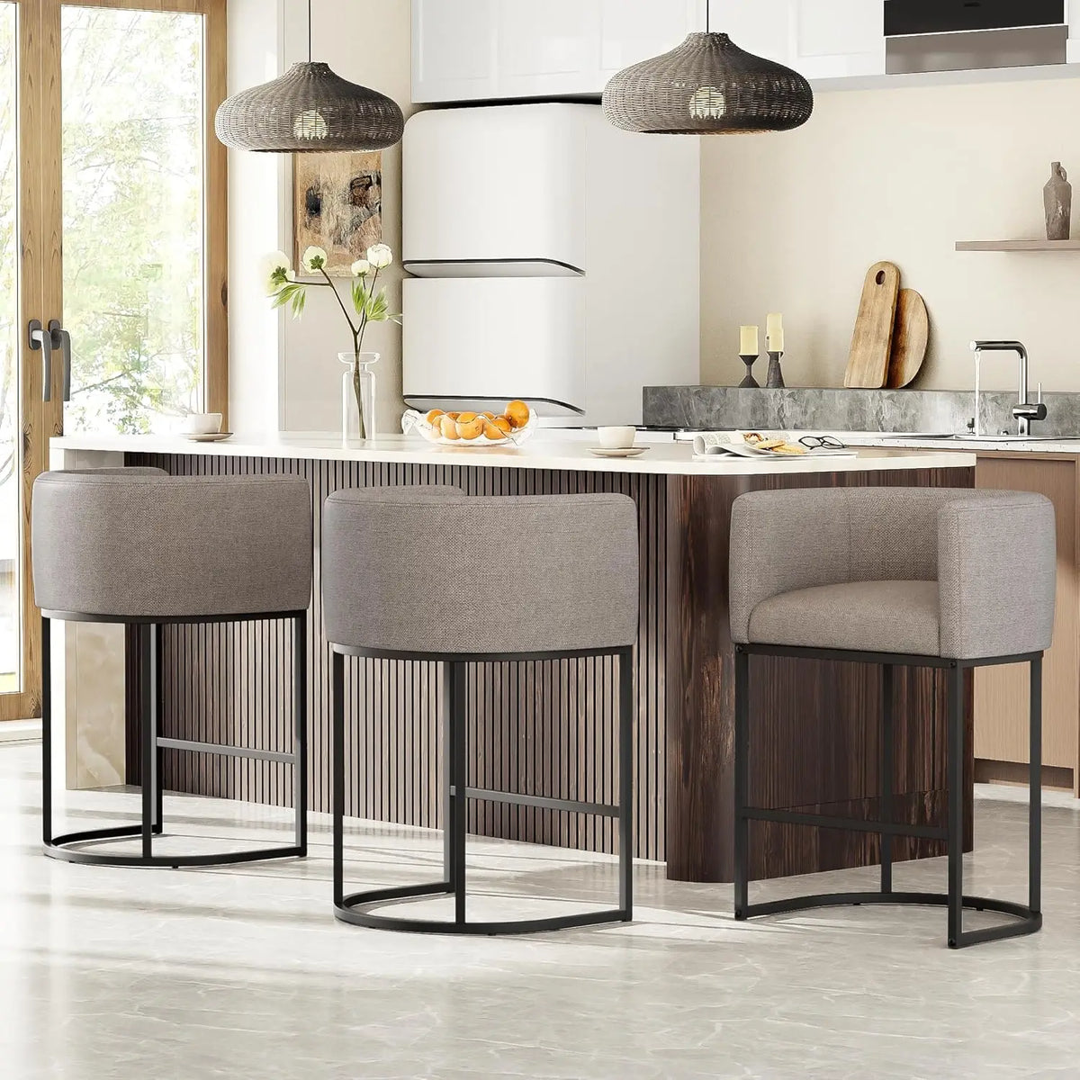 Conjunto de 3 Banquetas de Bar em Linho com 26'' de Altura, Design Moderno com Encosto e Braços, Personalizável