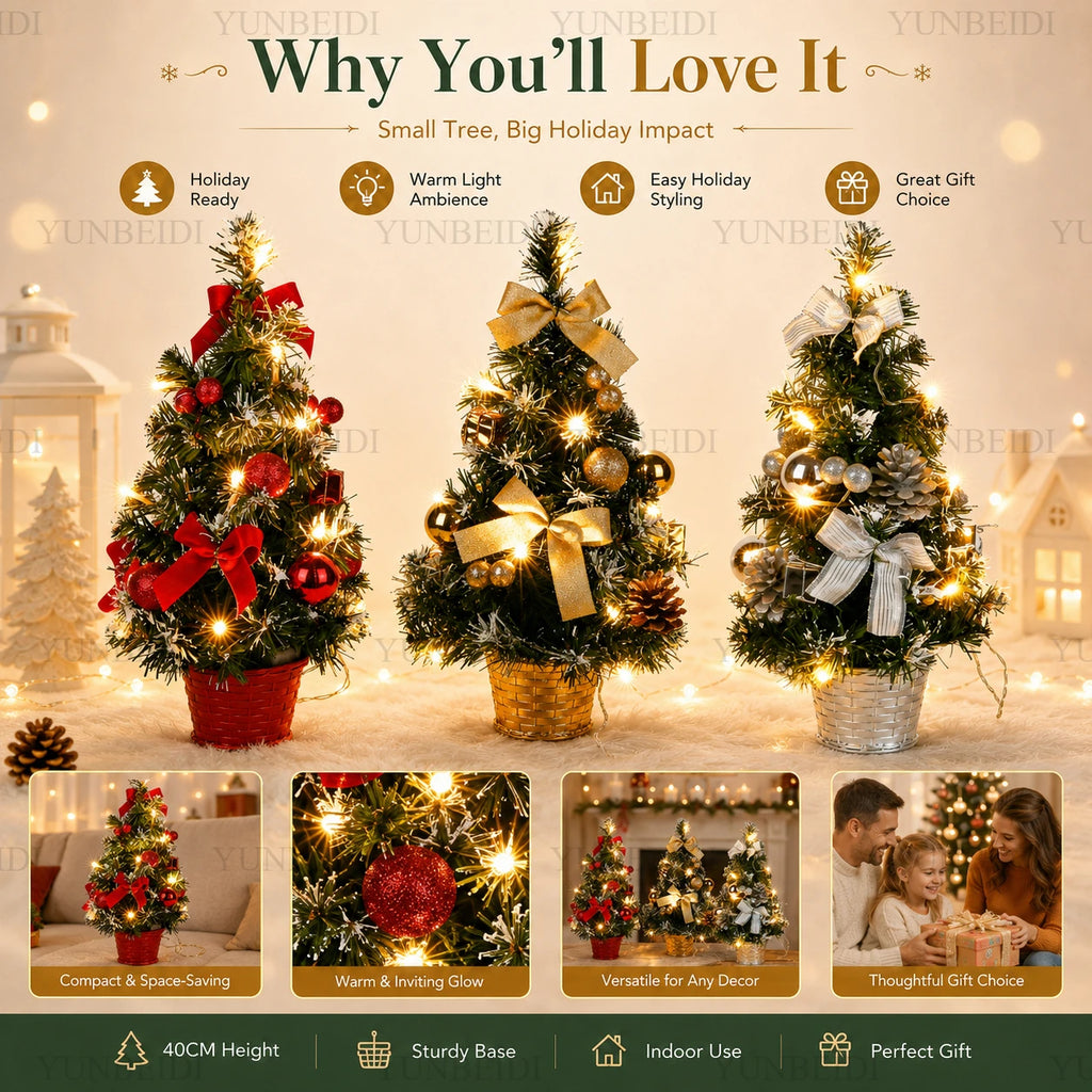 Árvore de Natal de 40CM com Luzes LED, Mini Árvore de Natal Artificial, Decoração de Mesa para Casa, Decoração de Natal, Presente de Ano Novo