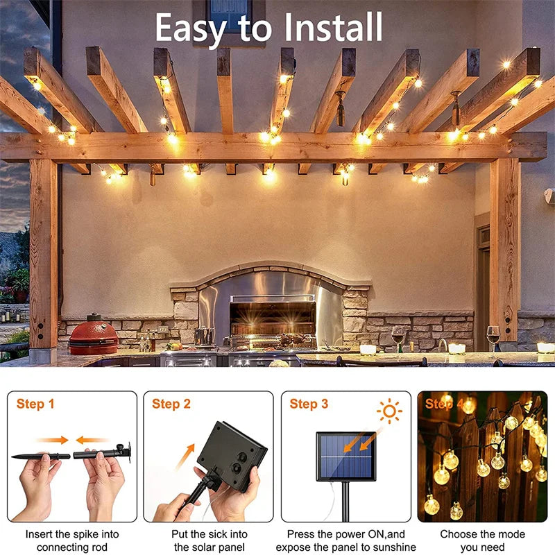 Impermeável Solar String Lights, 200 LED, Crystal Globe, Festão, Fada Luz, Jardim, Natal, Decoração ao ar livre