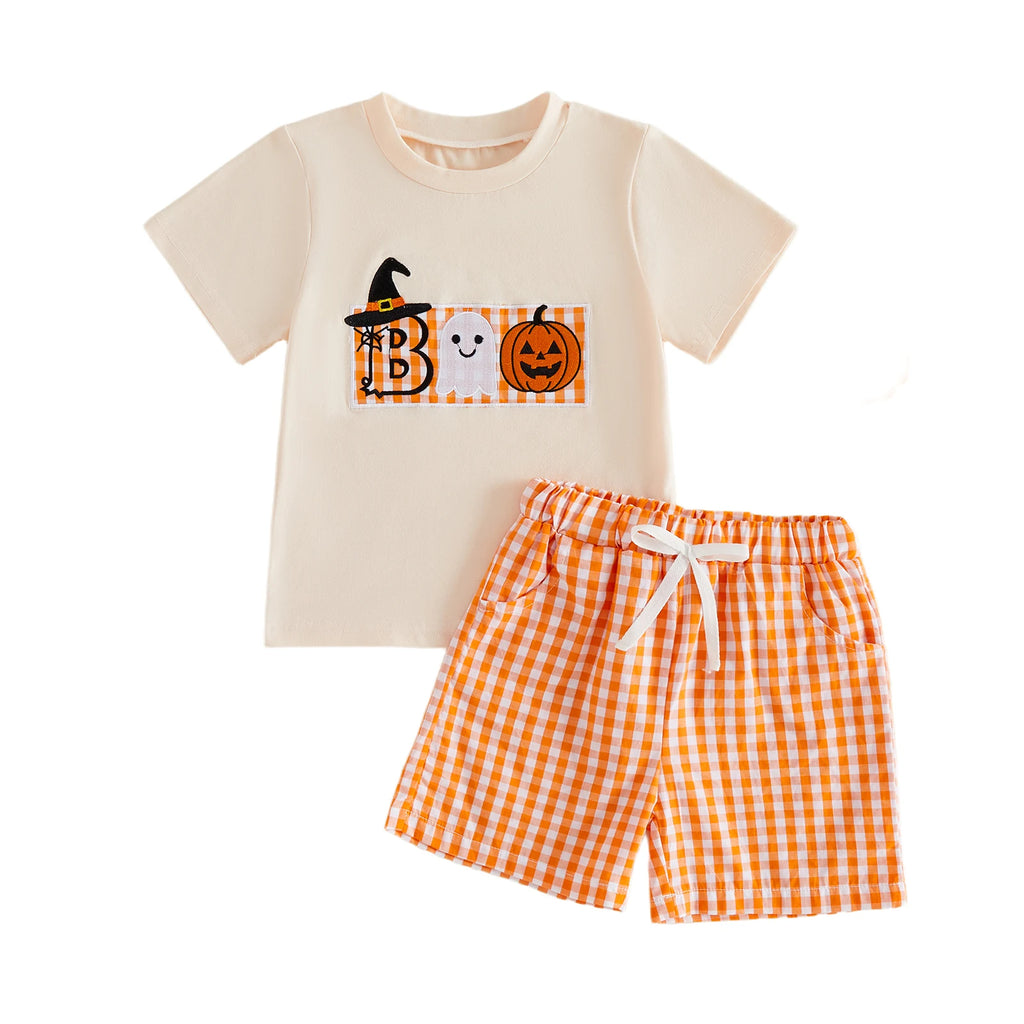 Citgeett Conjunto de roupas infantis de verão para Halloween, para bebês meninos, manga curta, bordado de abóbora, shorts xadrez