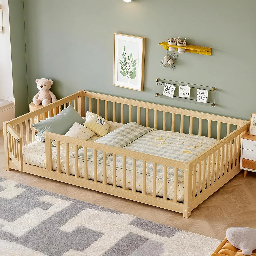 Full Size Montessori Floor Bed Frame with Rails & Door Solid Wood Kids Low Profile Sleep & Play Bed Natural, Customized