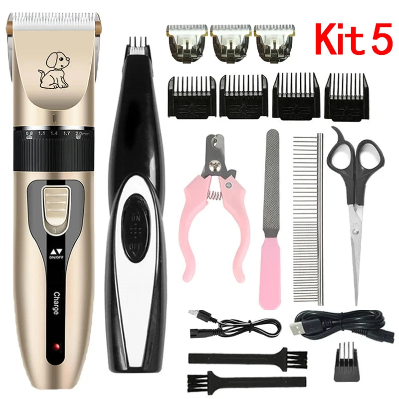 Kit de Tosa Elétrico Recarregável para Cães e Gatos, com Máquina de Cortar Pelos e Lixadeira de Unhas Silenciosa