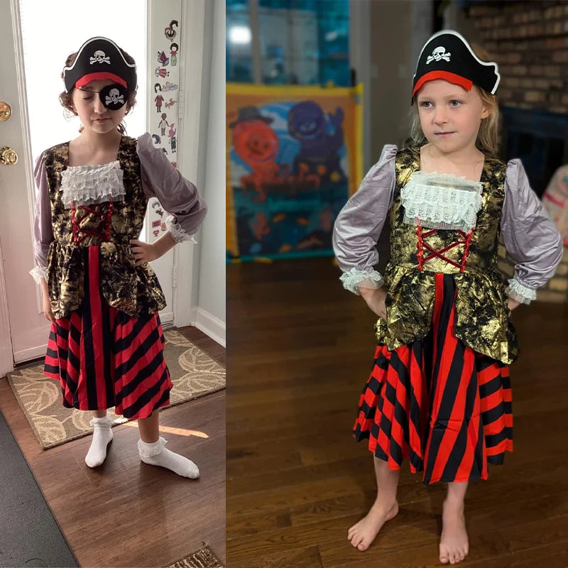 Menina cosplay pirata traje criança listrado rendas vestido de princesa para crianças capitão desempenho halloween carnaval festa fantasia outfit