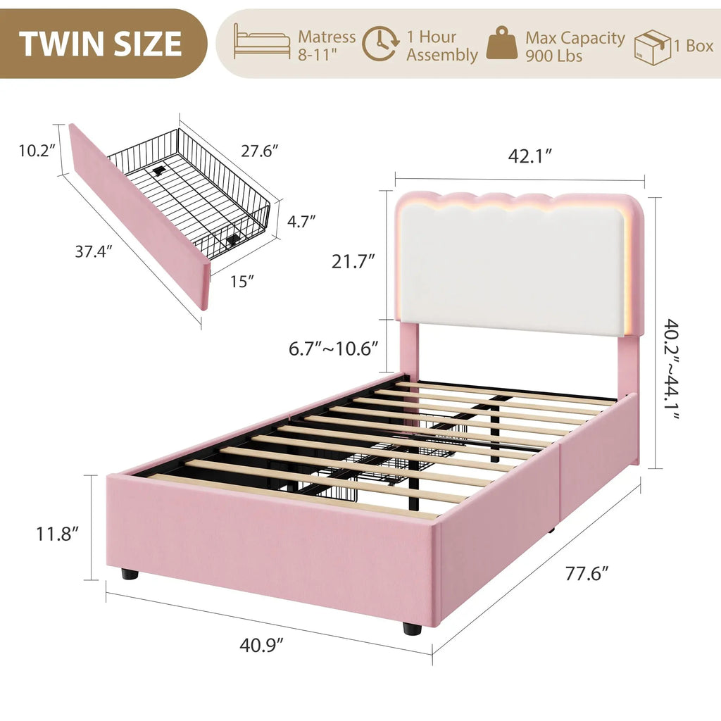 Cama de casal estofada com LED e 2 gavetas de armazenamento, cabeceira de veludo ajustável, cama plataforma para crianças, sem necessidade de estrado.