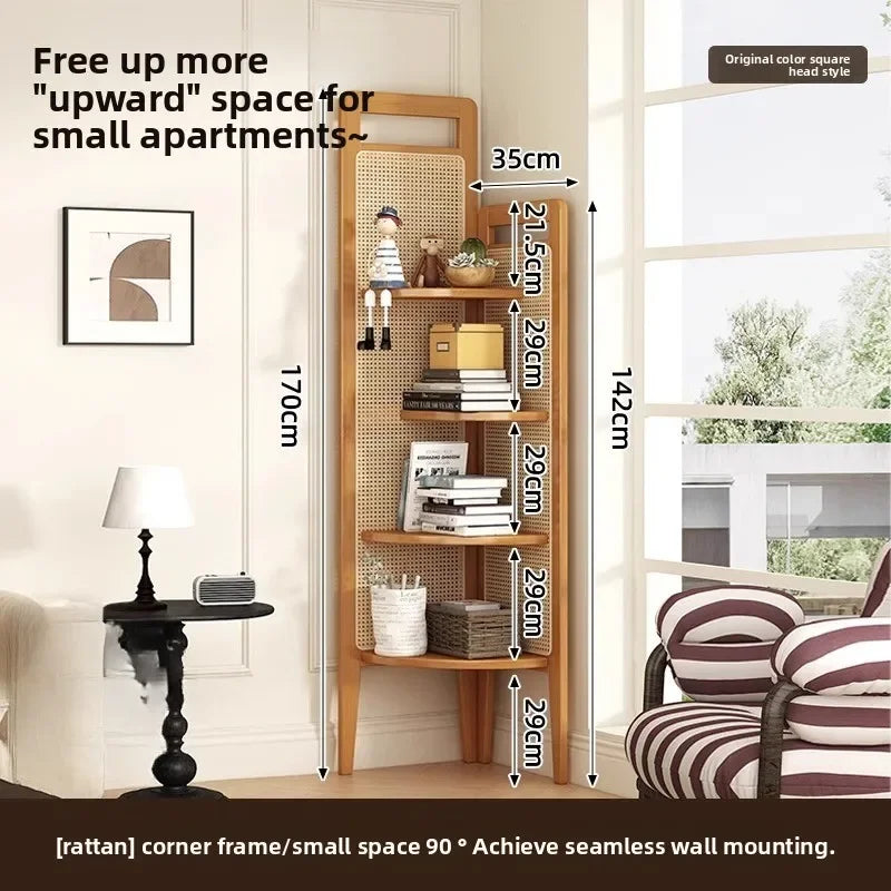 Estante Retro Triangular de Canto com Trama de Rattan para Sala de Estar, Divisória e Armazenamento para Quarto