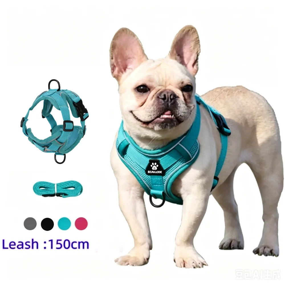 Conjunto de Arnês e Coleira para Cães Pequenos: Acessórios Essenciais para Bulldog Francês, Pug, Pitbull e Filhotes - Coleira Peitoral para Cães