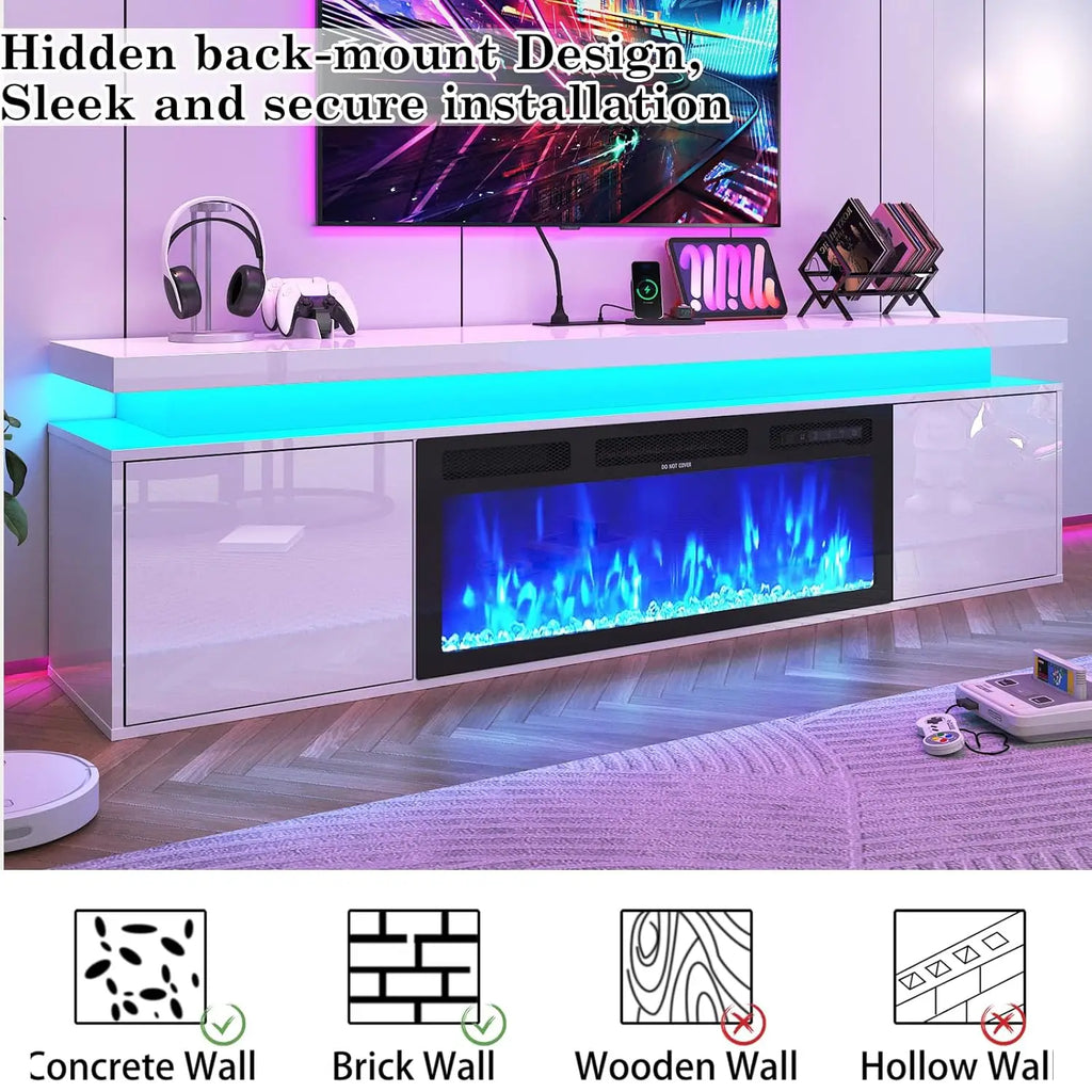 Suporte de TV Flutuante de 70 polegadas com Lareira de 36 polegadas para TVs de até 80 polegadas, Centro de Entretenimento com Lareira LED de Alto Brilho, Personalizável