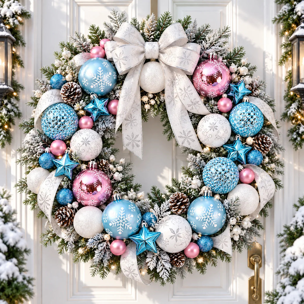 Conjunto de 44 enfeites de bolas de Natal, bolas azuis, rosas e brancas, floco de neve e estrela para decoração de árvore de Natal.