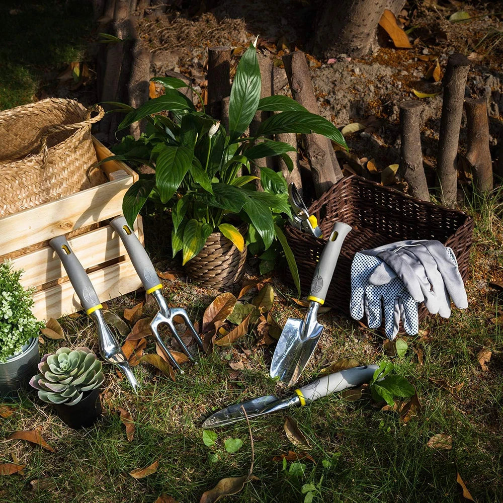 Ferramentas de Jardinagem: Pá de Mão, Ancinho, Cultivador e Sachador com Cabo Ergonômico para Jardim, Gramado, Terras Agrícolas, Transplante e Bonsai