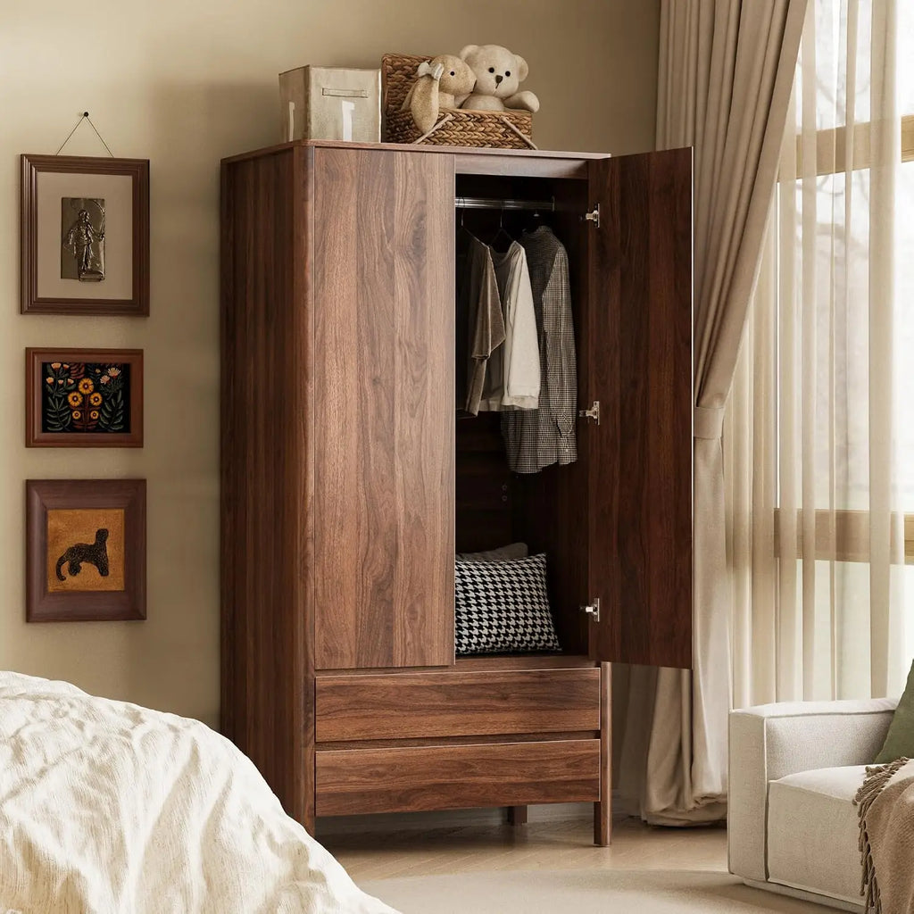 Guarda-Roupa Moderno de Nogueira com 2 Portas e 2 Gavetas, 180 cm de Altura, Armário de Quarto com Puxadores Ocultos, Armazenamento de Madeira Independente