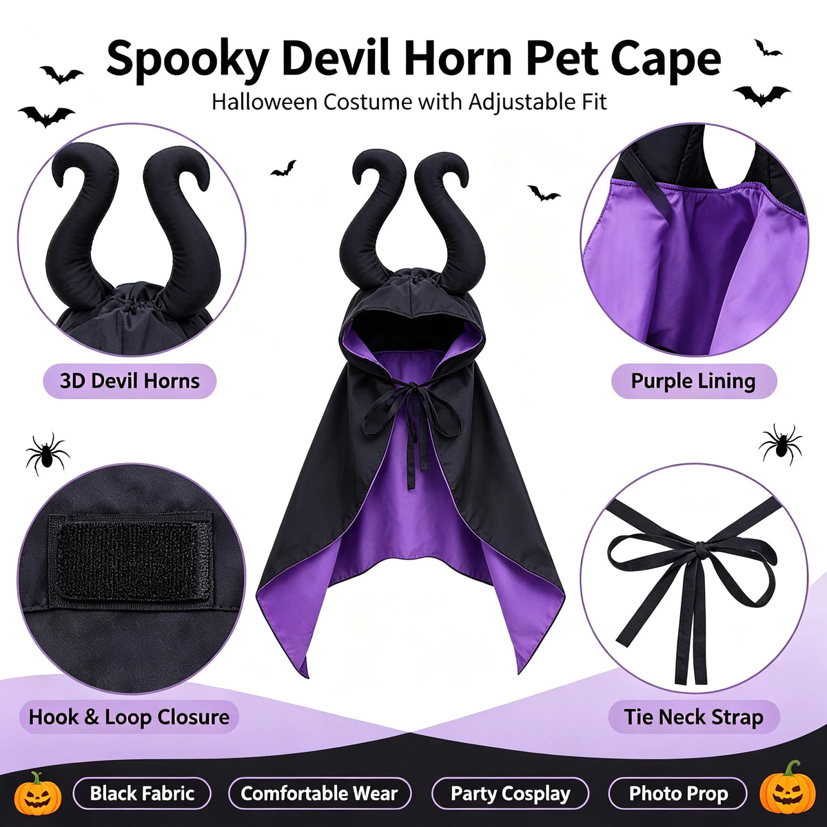 Fantasia de Halloween para Cães e Gatos, Capa com Capuz, Capa de Veludo da Maléfica, Ajustável, Vestuário para Festa de Cosplay, Brinquedo Engraçado de Bruxa para Animais de Estimação