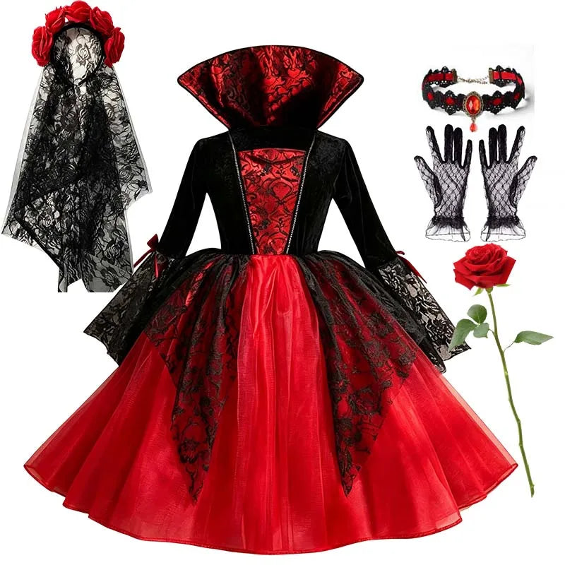 Fantasia de Halloween para Meninas: Cosplay Gótico de Noiva Fantasma, Bruxa, Vampira, Vestido Tutu Vermelho e Preto, Peruca, Véu, Kits para Festas de Halloween