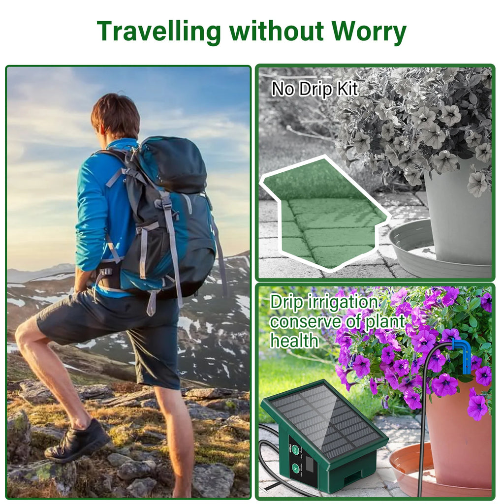 Sistema de irrigação solar, sistema de rega automático com 300 programas de rega, kit de rega para jardim com mangueira de 10m e 10 pontas de gotejamento, etc., adequado para vegetais/plantas em vasos/árvores frutíferas