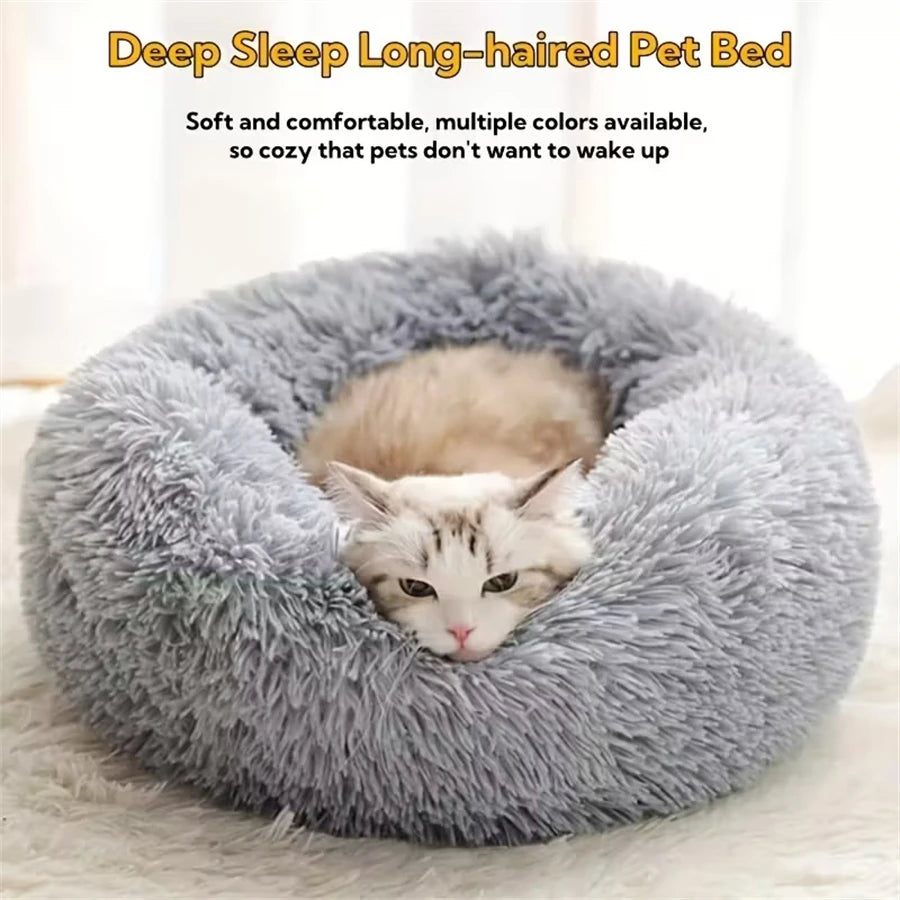 Cama Macia para Gatos e Cães, Almofada de Pelúcia Quente de Pelo Sintético, Cama Redonda Confortável em Formato de Rosquinha, Lavável para Cães e Gatos de Pequeno e Médio Porte
