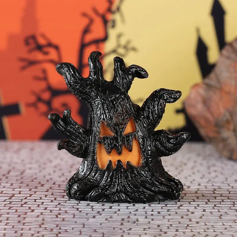 【A】Decoração de Árvore Assustadora Iluminada para Halloween com Luz LED Quente, Construção em Resina para Festa de Halloween, Decoração de Mesa e Casa Assombrada