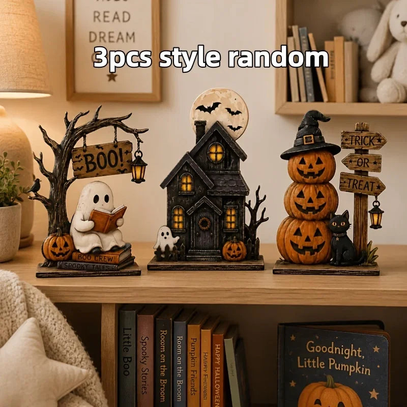 Conjunto de Decoração de Halloween, Estilos Vintage, Decorações de Madeira para Interiores, para Prateleiras, com Elementos como Fantasmas e Abóboras