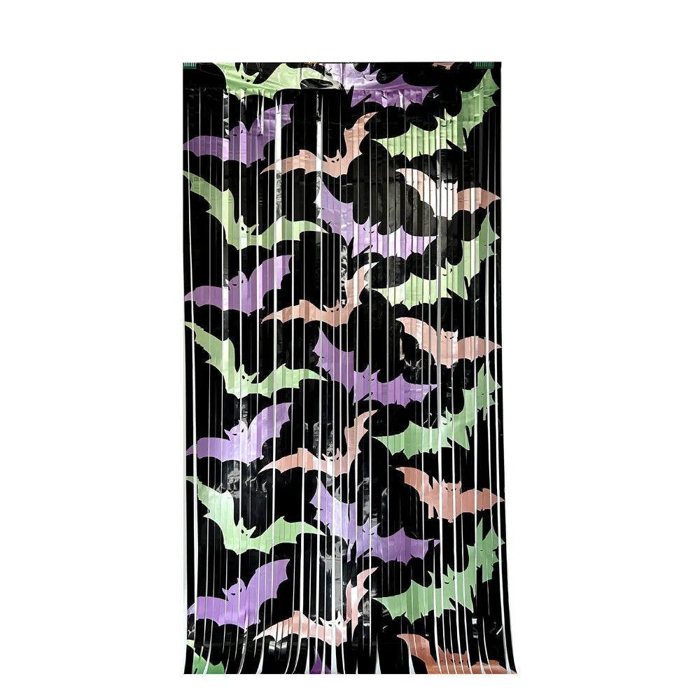 Cortina de Franjas de Folha Metálica Fluorescente de Morcegos para Festa de Halloween, Cenário de Tinsel Metálico com Glitter para Decoração de Fundo de Aniversário e Adereços Fotográficos