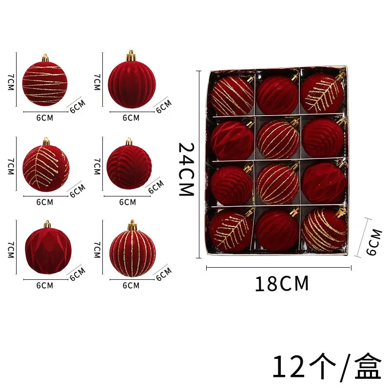 12 Peças de Enfeites de Árvore de Natal em Veludo, Bolas de Natal Flocadas, Decorações de Bolas de Natal, Enfeites de Natal para Pendurar na Árvore