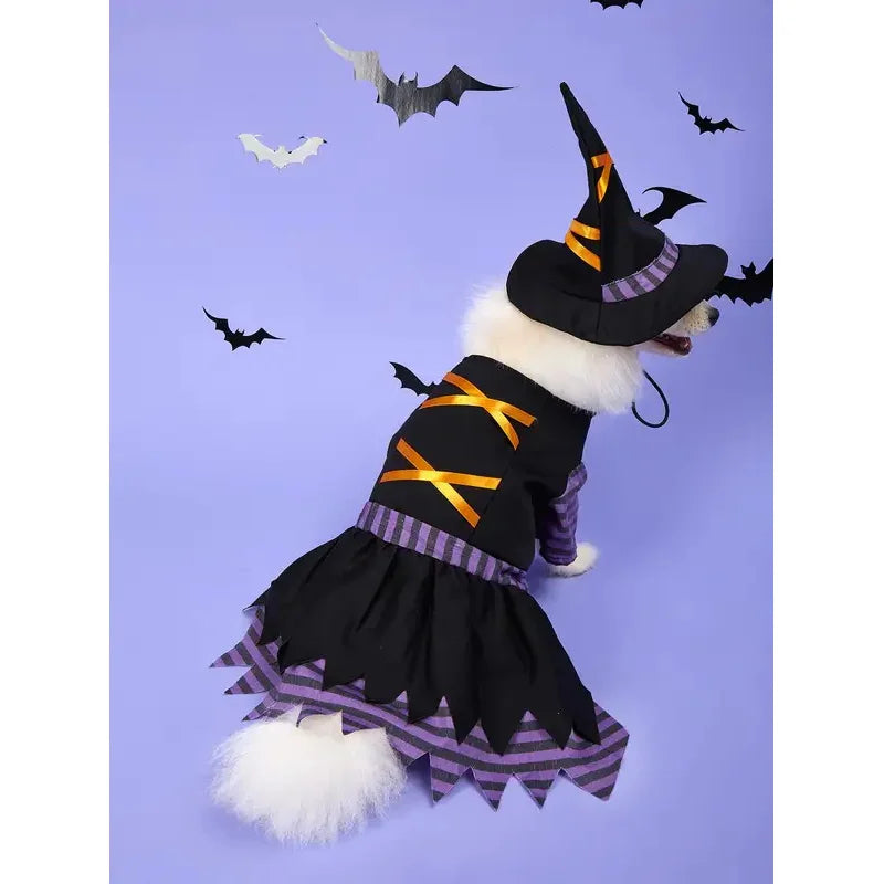 Fantasia de Bruxa para Animais de Estimação de Halloween com Chapéu, Vestido de Bruxa para Cães e Gatos, Roupa de Cosplay para Filhotes e Gatinhos, Fantasia para Festa de Fim de Ano