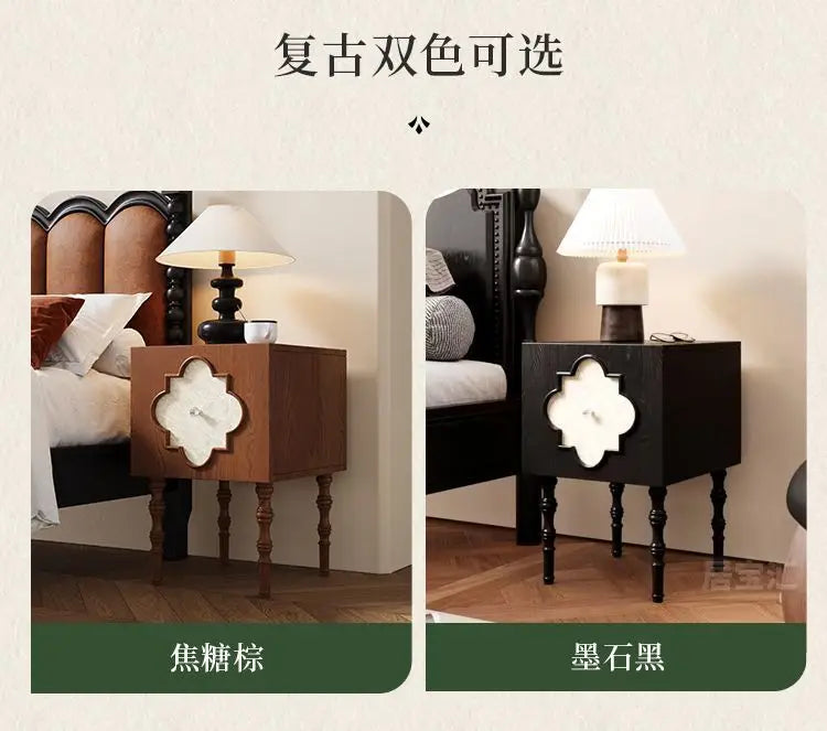 Mesa de Cabeceira Antiga de Luxo de Alta Qualidade em Madeira de Freixo com Design Artístico de Trevo de Quatro Folhas, Armário Lateral para Sofá e Armário de Cabeceira para Quarto