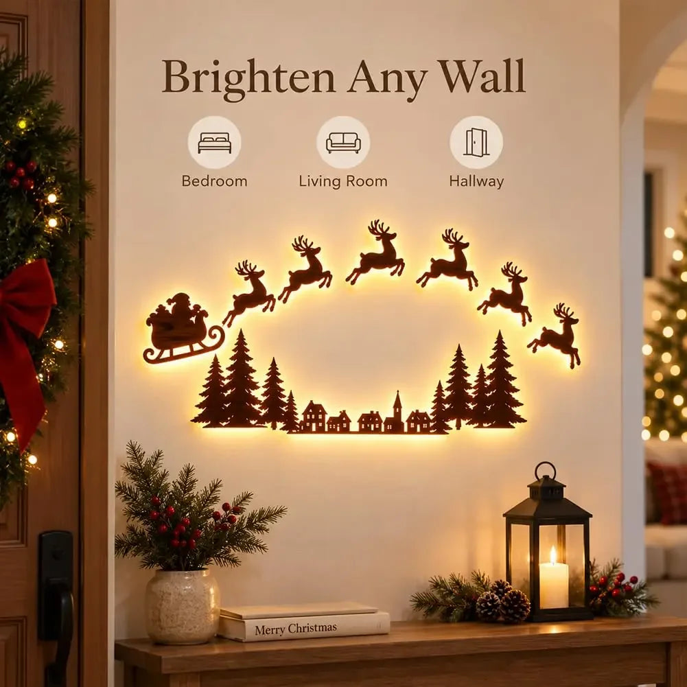 Decoração de parede natalina com luzes LED, trenó do Papai Noel, renas, árvore de pinheiro, encaixe recortado, para pendurar na moldura da porta, decoração para festas e celebrações em casa.
