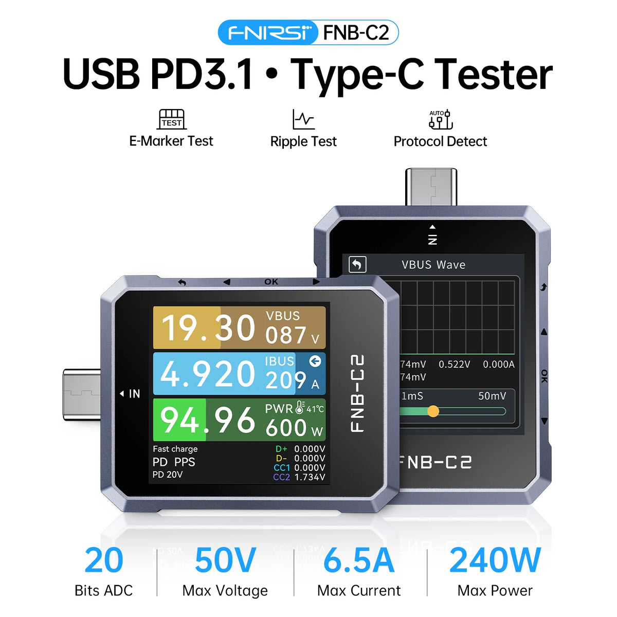 Medidor de Potência FNIRSI FNB-C2 Tipo-C – Analisador de Carregamento Rápido 240W PD3.1 & QC5.0 para Power Banks, Carregadores USB e Smartphones