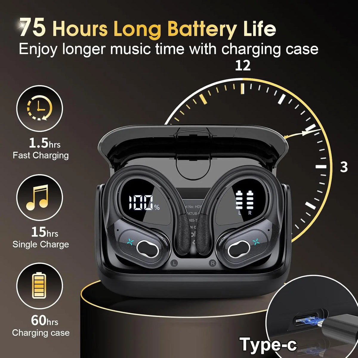 Wireless Earbuds 5.4 Bluetooth Headphones Sports Ear Buds with Earhooks 75H Playtime Wireless Headphones for Workout Waterproof