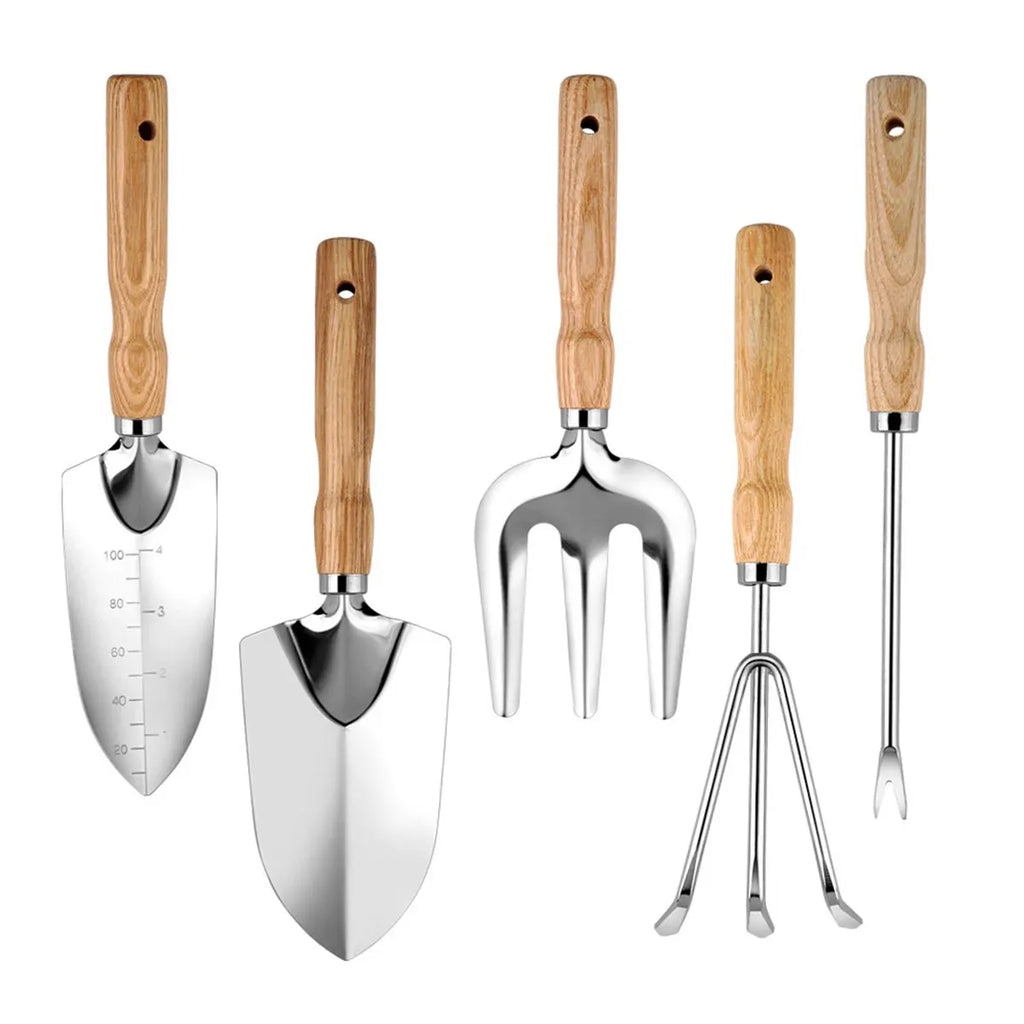 Conjunto Profissional de Ferramentas de Jardinagem com 5 Peças em Aço Inoxidável, Pá Ergonômica para Raízes, Rake para Vasos, Canteiros e Recipientes, Kit para Uso Externo