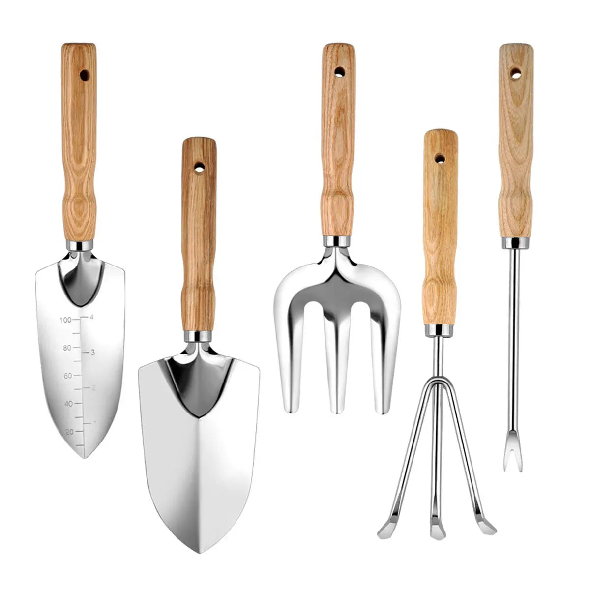 Conjunto Profissional de Ferramentas de Jardinagem com 5 Peças em Aço Inoxidável, Pá Ergonômica para Raízes, Rake para Vasos, Canteiros e Recipientes, Kit para Uso Externo