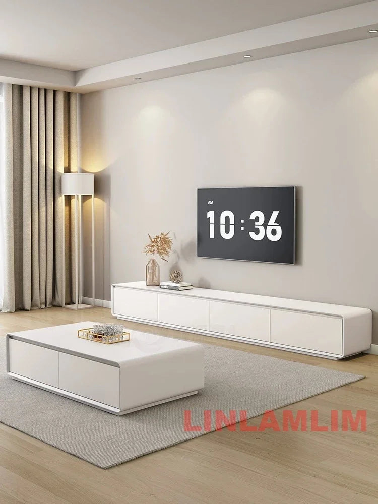 Mesa de Café e Rack para TV com Armários de Armazenamento, Conjunto de Móveis Modernos Brancos para Sala de Estar, Conjunto de Centro de Entretenimento Contemporâneo