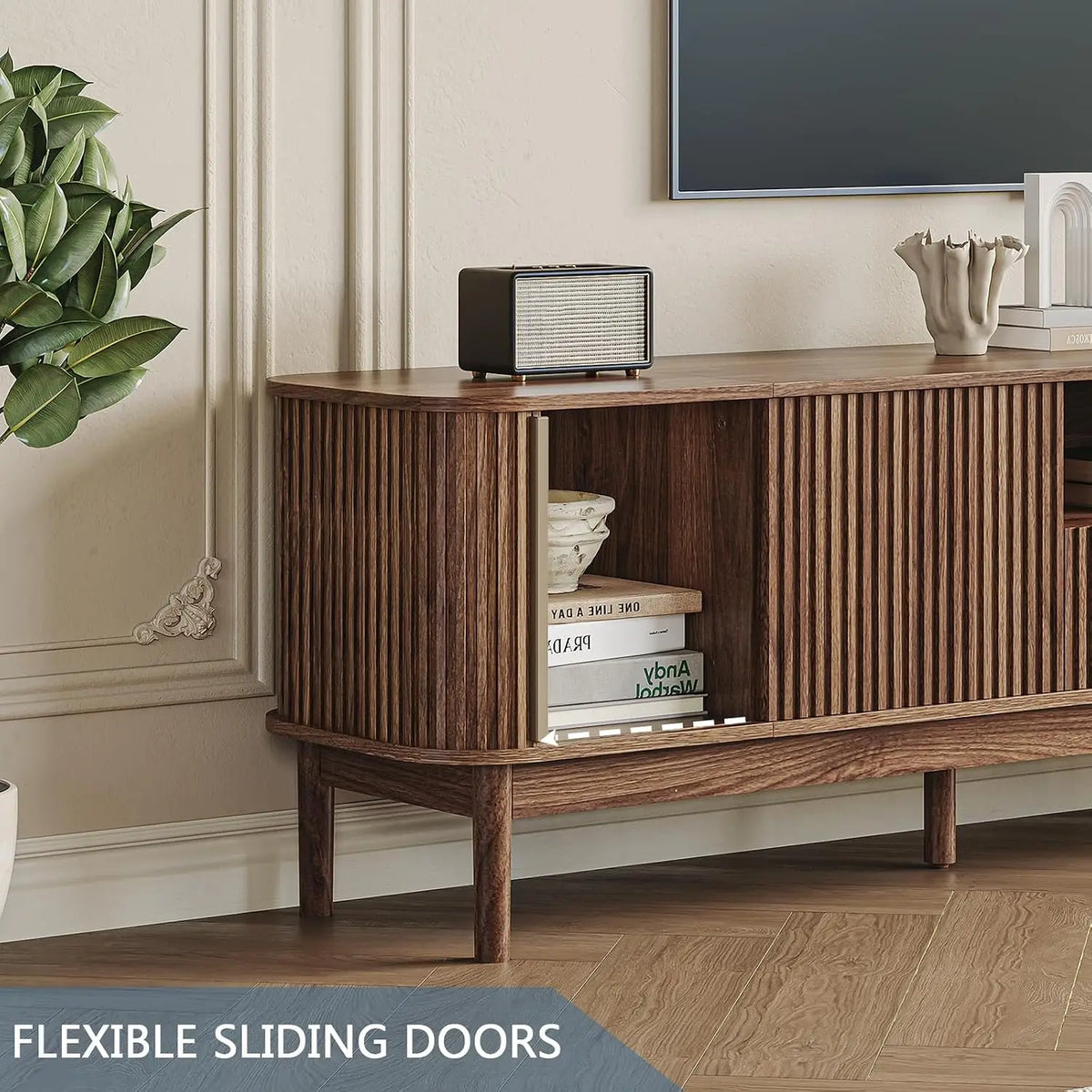 Suporte de TV com design canelado de 86,6'' para TVs de 75/80/85 polegadas, console de TV em nogueira, sob medida