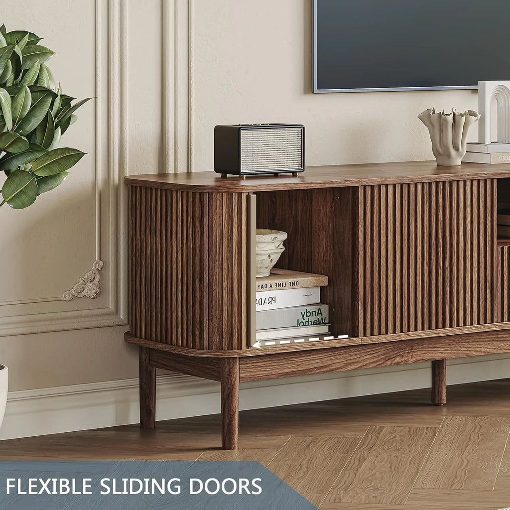 Suporte de TV com design canelado de 86,6'' para TVs de 75/80/85 polegadas, console de TV em nogueira, sob medida
