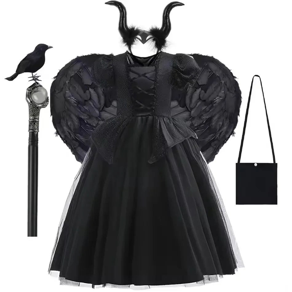 Traje de halloween para crianças vestido de bruxa preta com asas lantejoulas mal rpg traje malévola vestir-se roupa fantasma noiva