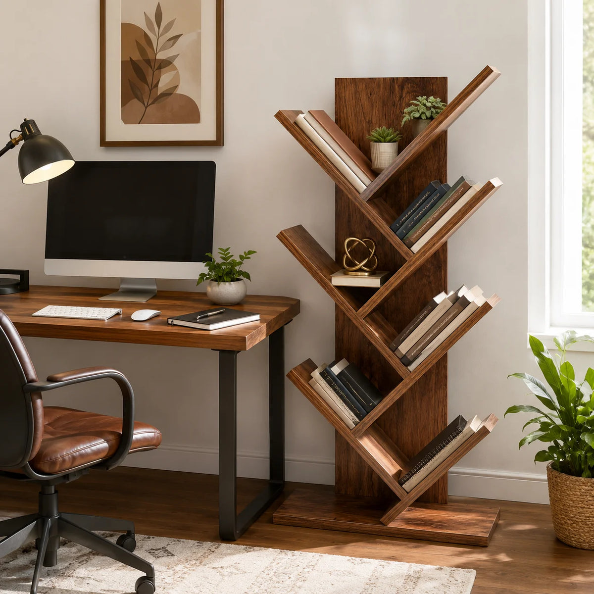 Estante de Livros em Forma de Árvore de 5 Níveis, Estante de Madeira com Base Estável, Rack de Armazenamento que Economiza Espaço para Livros, Decoração, Sala de Estar, Quarto