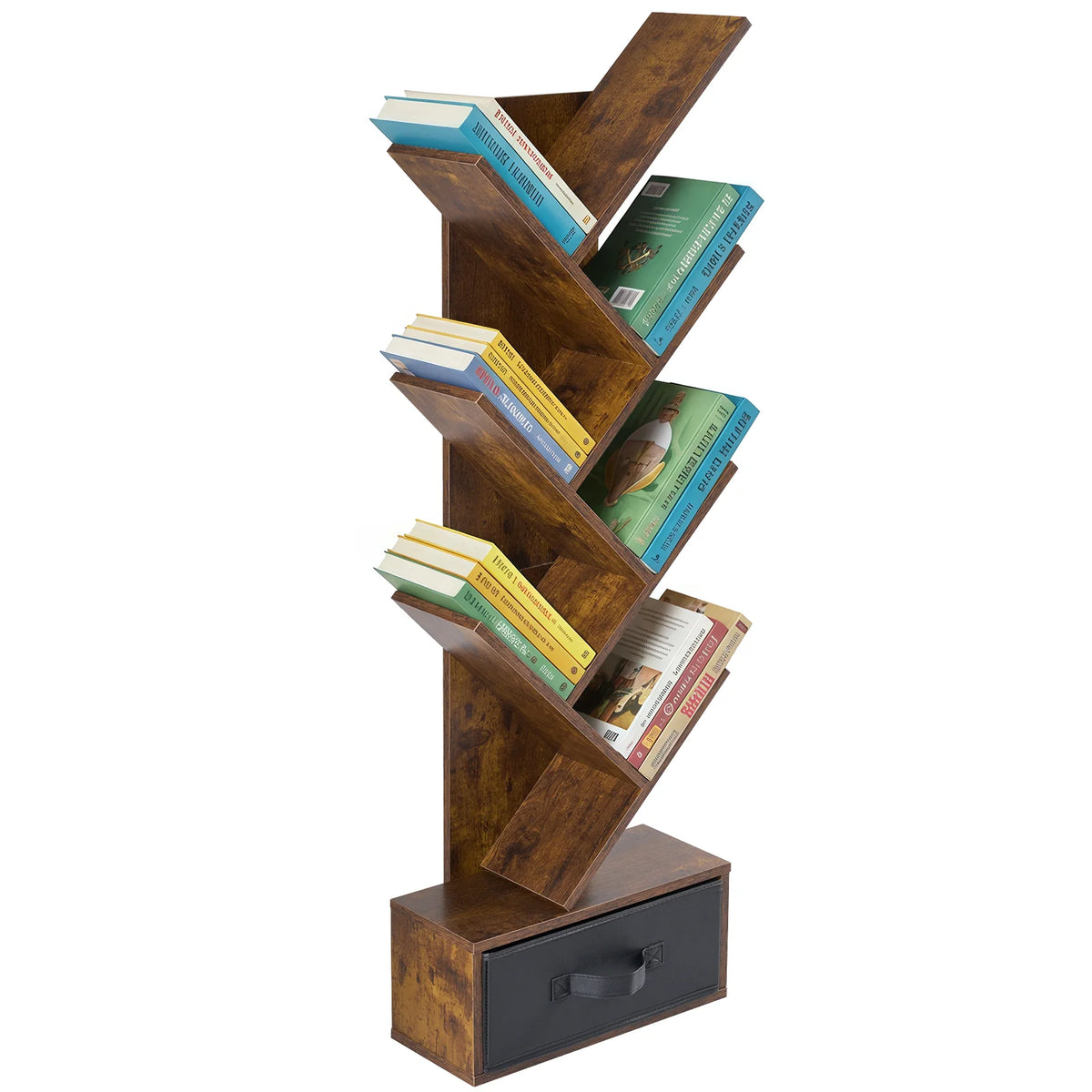 Estante de Livros Geométrica de Madeira JHK 43IN com 7 Níveis e Gaveta, Estante de Canto Fina para Casa e Pequenos Espaços