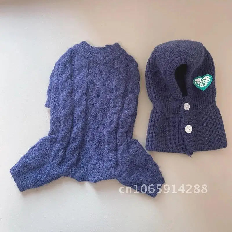 Outono e inverno animal de estimação quatro pernas de malha quente pernas quatro macacão cão chapéu camisola conjunto casaco filhote de cachorro calças gato roupas de pelúcia com