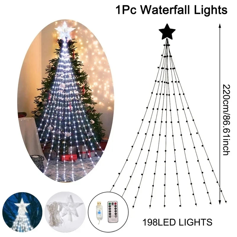 Luzes de corda de fadas cascata de natal com estrela topper, decorações de árvore de natal para casa 2025 navidad natal ano novo 2026