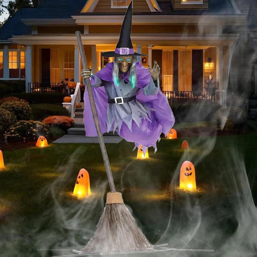 Decoração de Halloween: Bruxa Voadora com Sons e Luzes Assustadores – Fantasia Divertida de Bruxa Assustadora para Jardim, Quintal, Gramado e Ambientes Internos