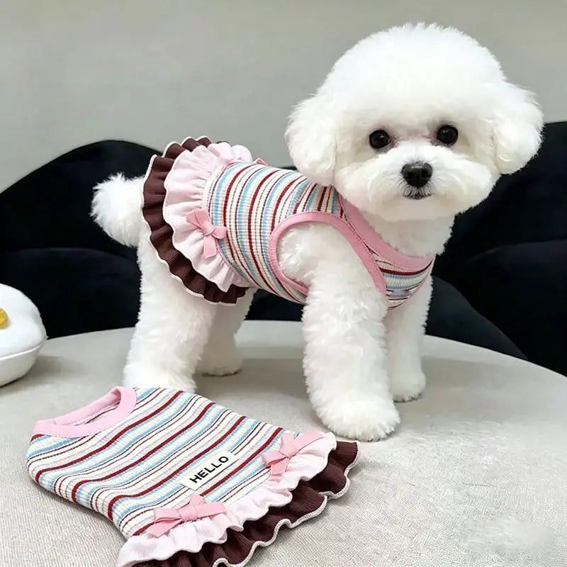 Vestido Listrado Confortável para Pets, Roupa Antidesgaste para Todas as Estações, Traje Estiloso para Gatinhos, Cãezinhos, Teddy, Bichon, Yorkie