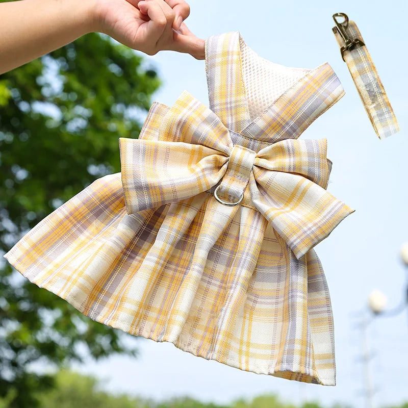 Coelho jk vestidos e trela conjuntos de malha xadrez pet colete arnês para gatos coelho verão pequenos animais roupas coelhos acessórios