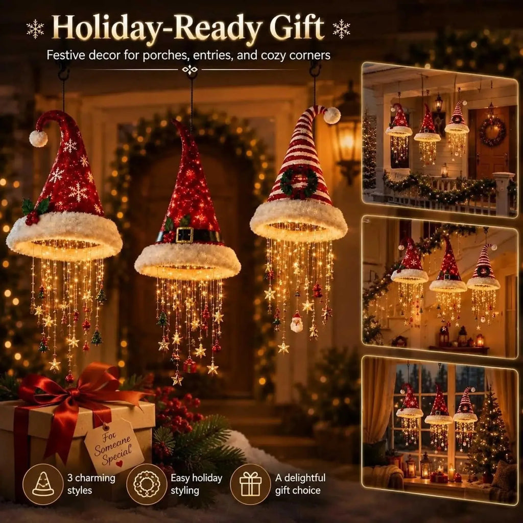 Luz de Natal LED em Forma de Chapéu de Papai Noel, Luzes de Cordão Brilhantes e Quentes, Decoração de Natal para Casa, Escada e Festa.
