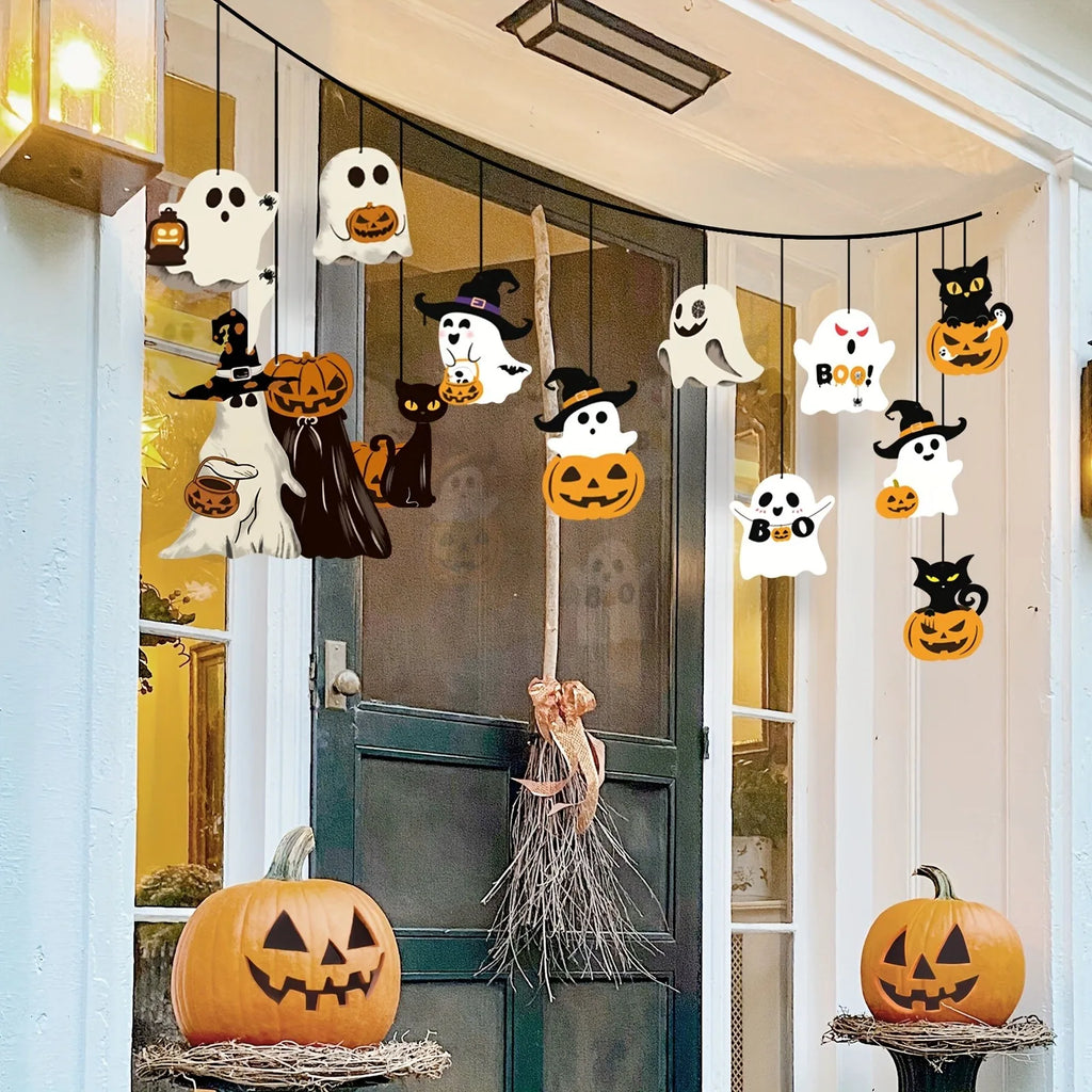 Enfeites de Halloween para Pendurar: Fantasma, Gato Preto, Abóbora e Chapéu de Bruxa – Decoração Assustadora para Festas de Halloween, Varandas e Tetos