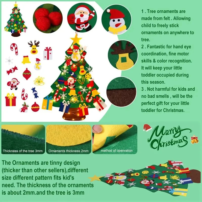 DIY sentiu a árvore de Natal com luz, decorações do Feliz Natal para a casa, ornamentos da árvore do Natal, presente do ano novo, 2024