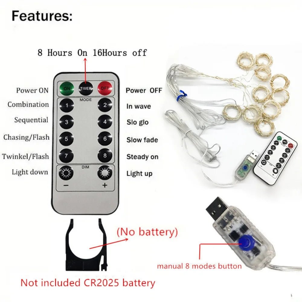 Luzes de Natal LED, Cortina de Luzes de Fada com 8 Modos, Controle Remoto USB, Decoração de Natal para Casa, Lâmpada de Ano Novo