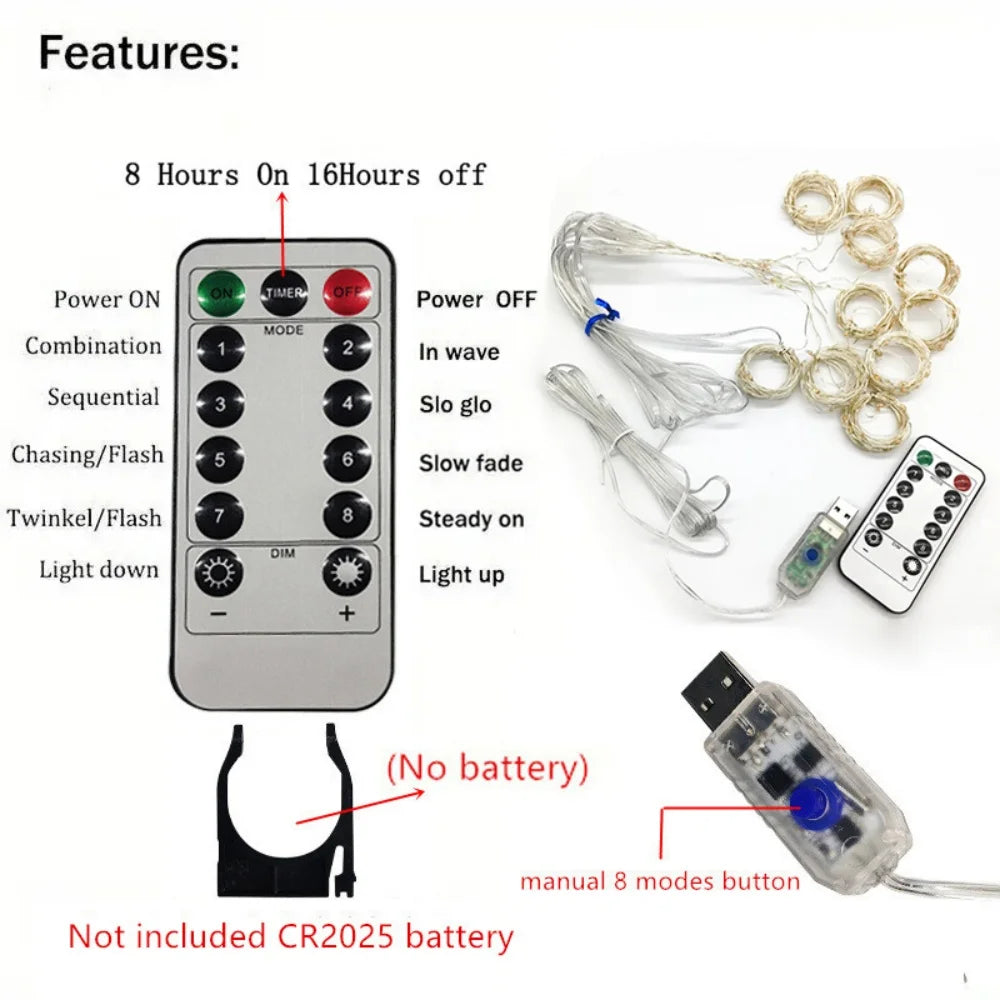 Luzes de Natal LED, Cortina de Luzes de Fada com 8 Modos, Controle Remoto USB, Decoração de Natal para Casa, Lâmpada de Ano Novo